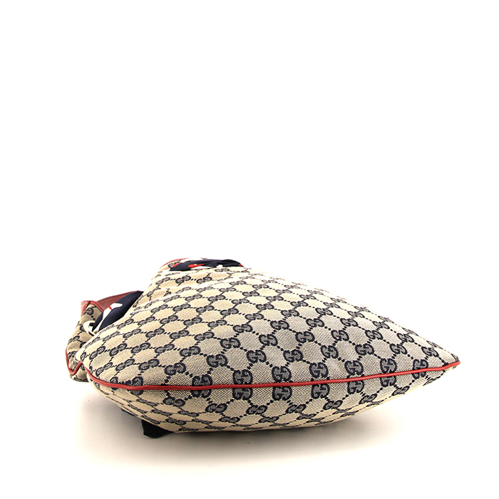 Sac à main Gucci Vintage en toile monogram beige et bleue et cuir rouge - Detail D4