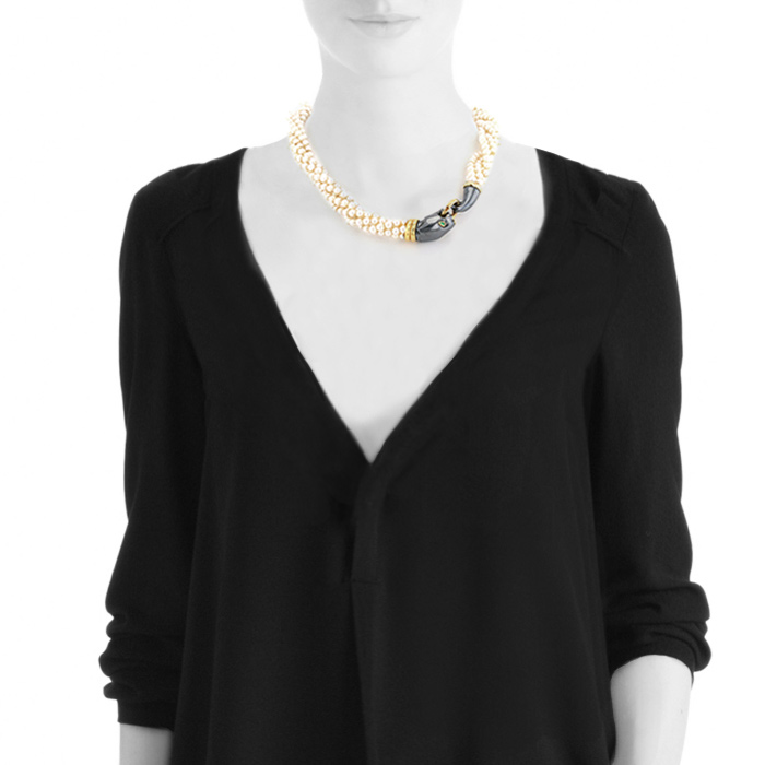 Cartier Panthère 1990's necklace in yellow gold, silver and pearls - Detail D1