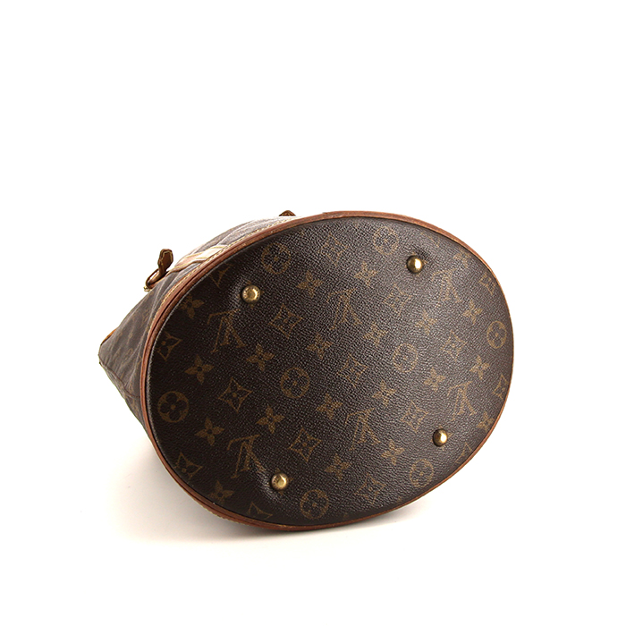 Shopping bag Louis Vuitton Bucket modello grande in tela monogram marrone e pelle naturale - Detail D4