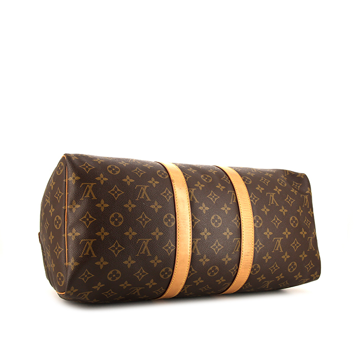 Sac de voyage Louis Vuitton Keepall 45 en toile monogram et cuir naturel - Detail D4