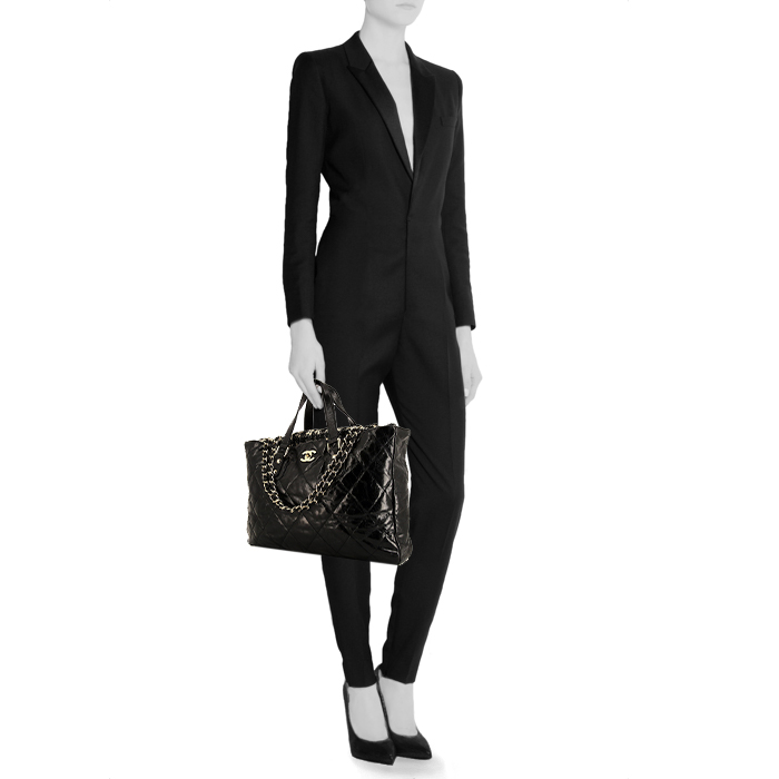 Sac à main Chanel Portobello en cuir matelassé noir et tweed bicolore - Detail D1