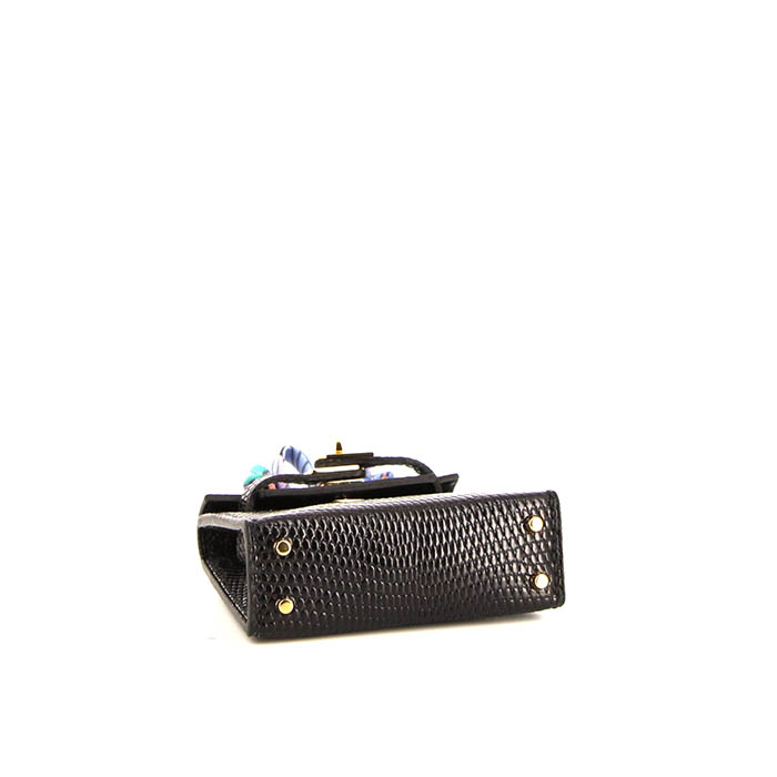 Sac Hermès Kelly Twilly bag charm en lézard noir et soie multicolore - Detail D4