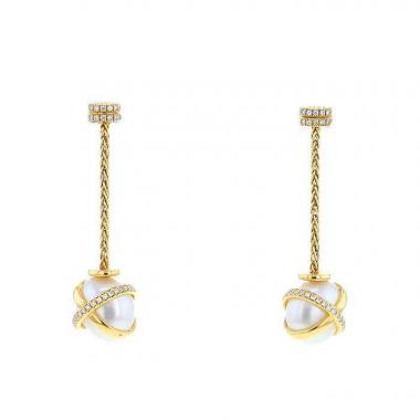 Pendientes colgantes Fred Baie des Anges en oro amarillo,  perlas y diamantes
