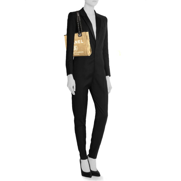 Shopping bag Chanel Deauville in tela beige e pelle nera - Detail D1