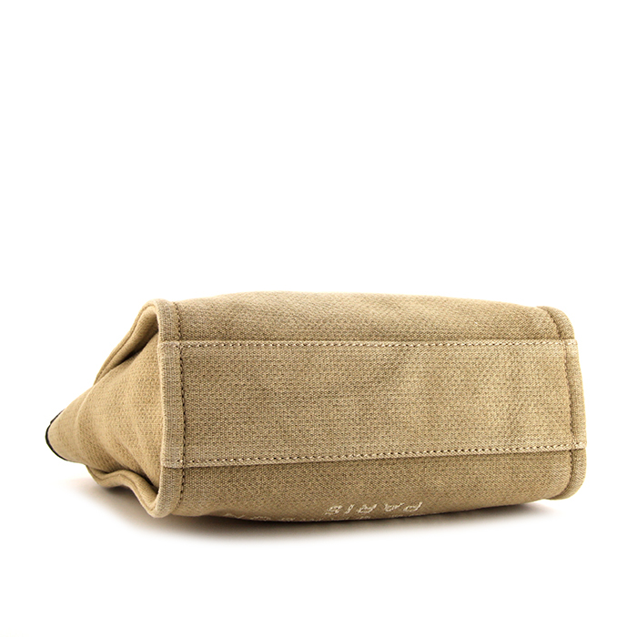 Chanel Deauville shopping bag in beige canvas and black leather - Detail D4