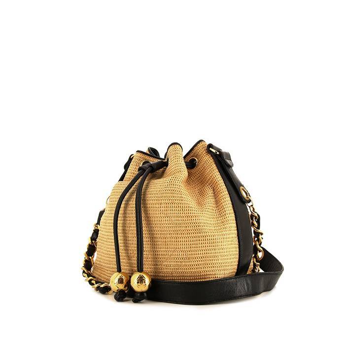Chanel Vintage Shoulder Bag in Beige Raphia And Black Leather