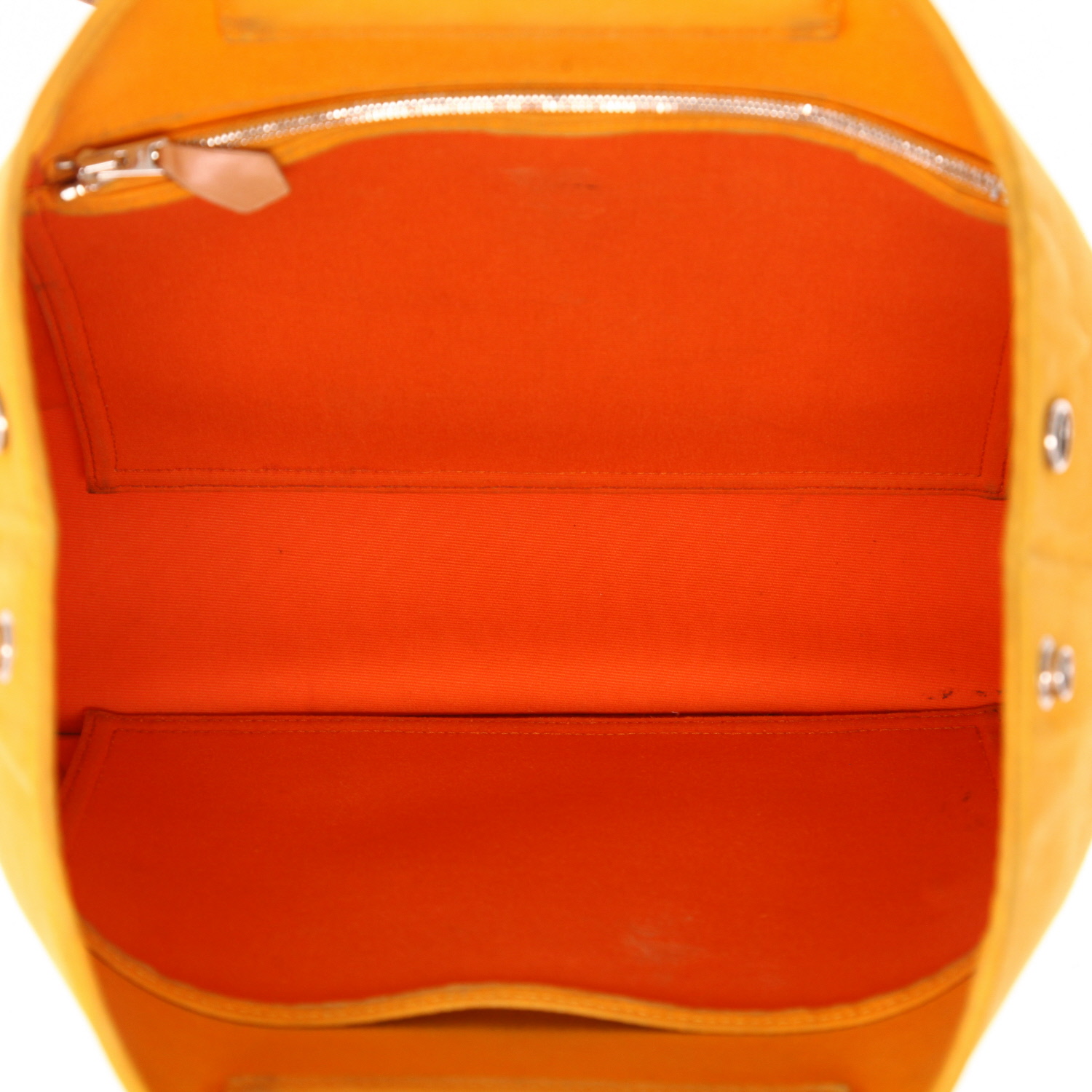 Hermès Cabag shopping bag in Jaune d'Or canvas and brown Hunter cowhide - Detail D3