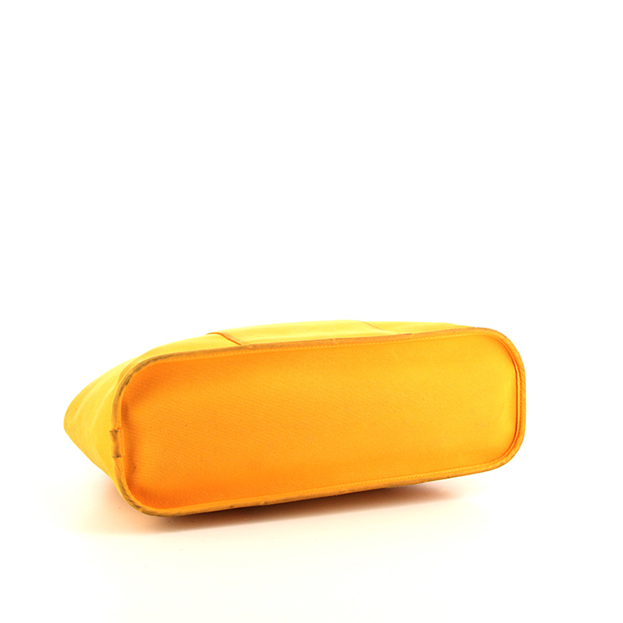 Hermès Cabag shopping bag in Jaune d'Or canvas and brown Hunter cowhide - Detail D5