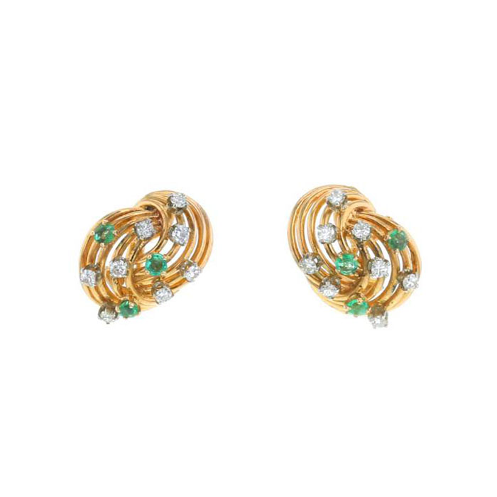 Paire de clips d'oreilles époque années 50 Vintage en or jaune,  diamants et émeraudes
