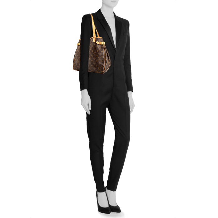 Sac cabas Louis Vuitton Batignolles en toile monogram marron et cuir naturel - Detail D1