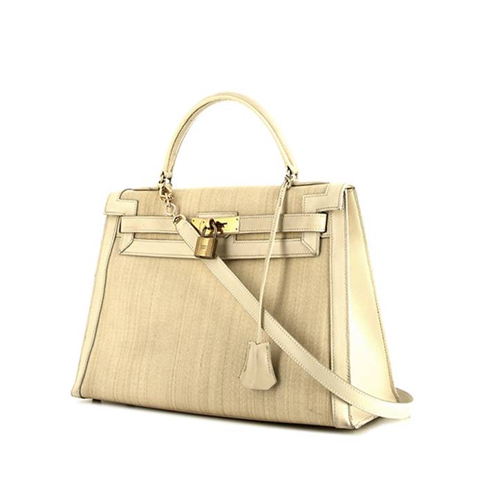 Hermes Kelly 32 cm handbag in cream color box leather and beige hair - 00pp