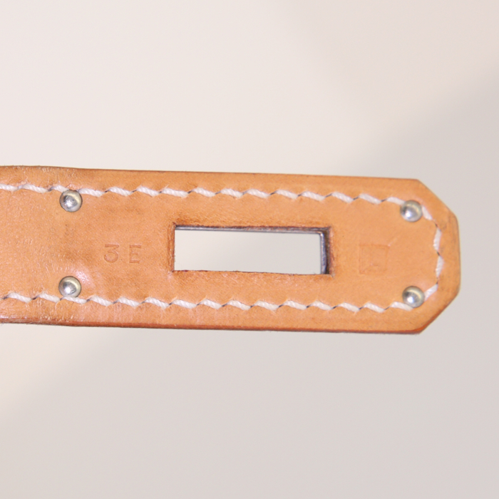 Sac à main Hermes Birkin 35 cm en cuir gold et toile vert-kaki - Detail D3