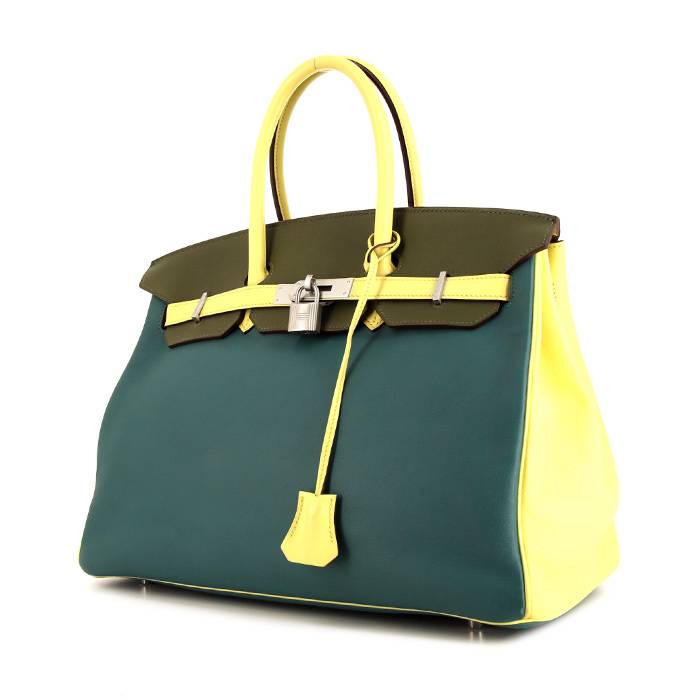 Hermes Birkin 35 cm handbag in yellow, green and pigeon blue tricolor Swift leather - 00pp