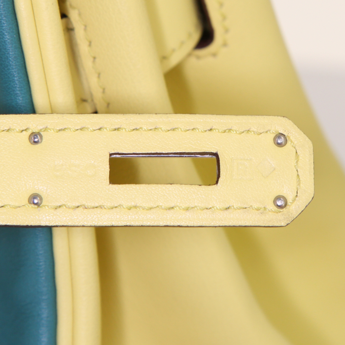 Sac à main Hermes Birkin 35 cm en cuir Swift tricolore jaune vert et bleu-canard - Detail D4