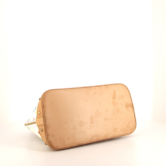 Sac à main Louis Vuitton Alma en toile monogram multicolore blanche et cuir naturel - Detail D4