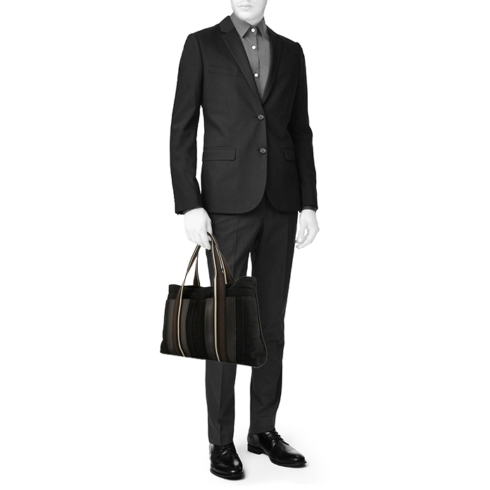 Hermes Toto Bag - Shop Bag shopping bag in black, brown and beige canvas and leather - Detail D1