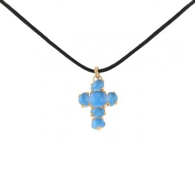 Pomellato Croix pendant in pink gold,  turquoises and rock crystal