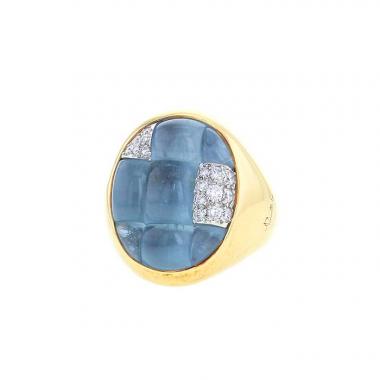 Anello Pomellato Mosaique modello grande in oro giallo,  acquamarina e diamanti
