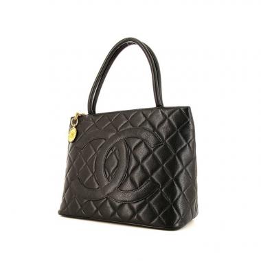 Sac à main Chanel Medaillon - Bag en cuir grainé matelassé noir