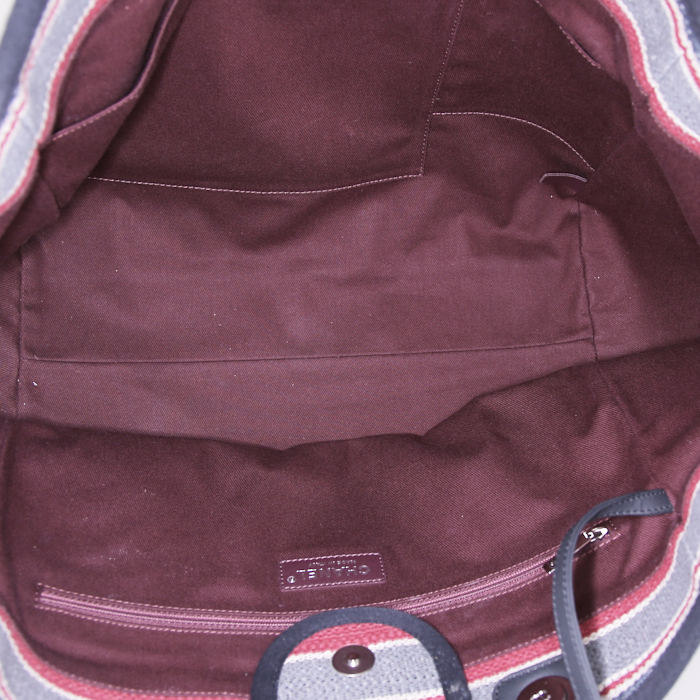 Shopping bag Chanel Deauville in tela grigia e rossa a righe e pelle nera - Detail D3