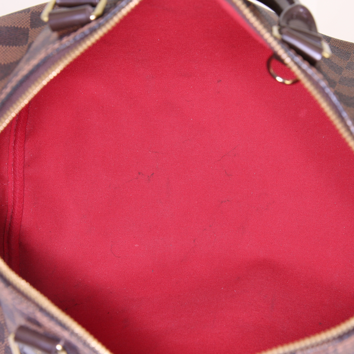 Sac à main Louis Vuitton Speedy 30 en toile damier ébène et cuir marron - Detail D3