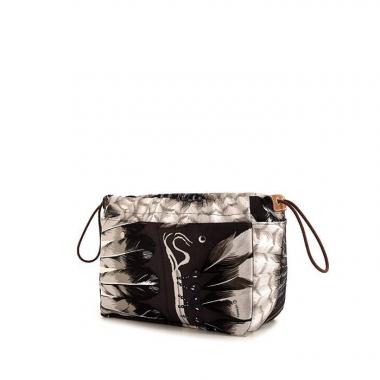 Bolsito de mano Hermès Fourbi modelo grande en seda gris y cuero Barenia marrón