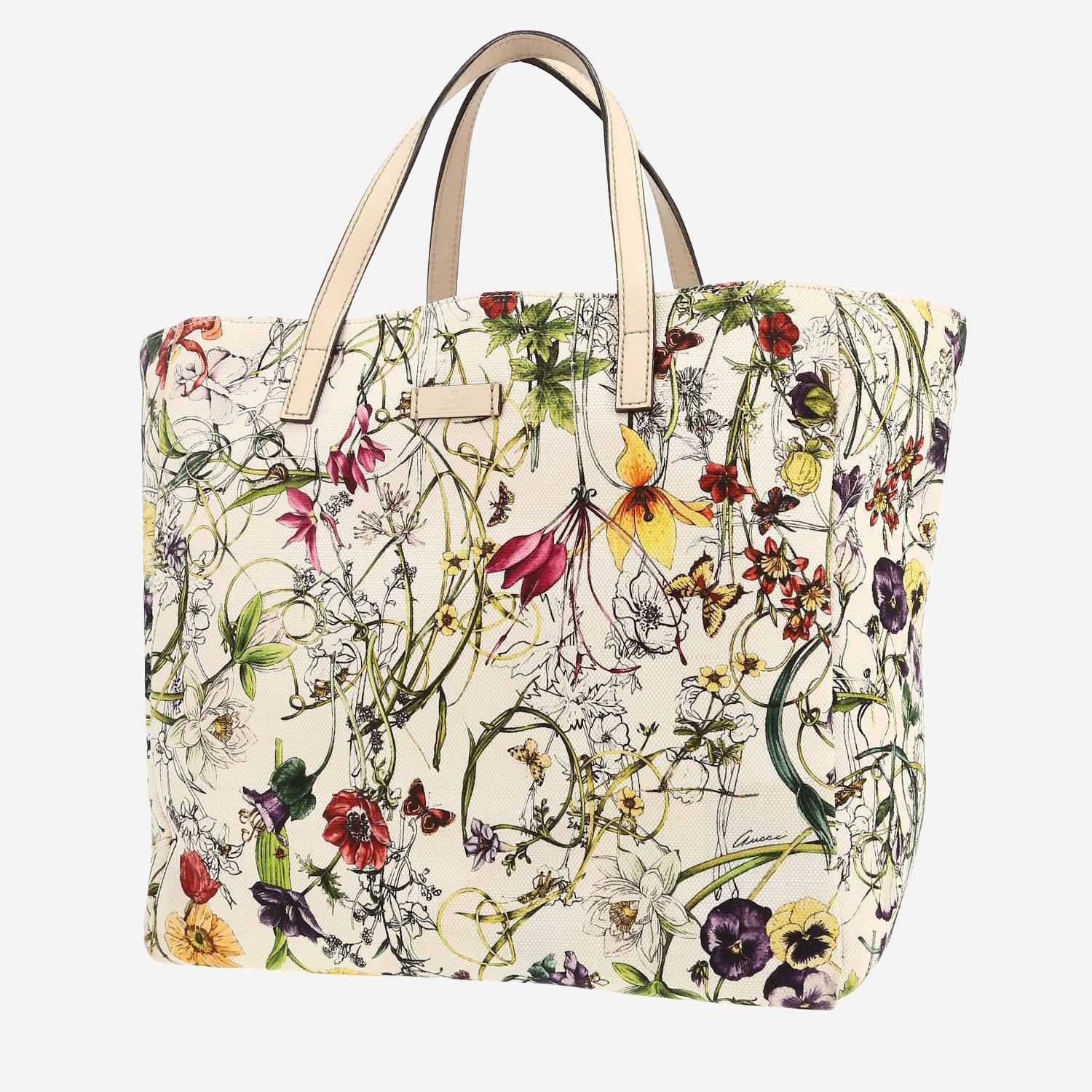 Gucci Floral Tote shopping bag in white canvas