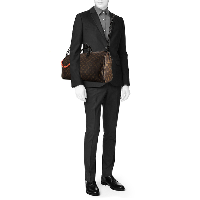 Borsa da viaggio Louis Vuitton Keepall 50 cm in tela monogram marrone e pelle nera - Detail D2