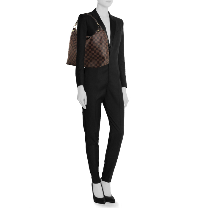 Louis Vuitton Duomo Hobo shopping bag in ebene damier canvas and brown leather - Detail D1