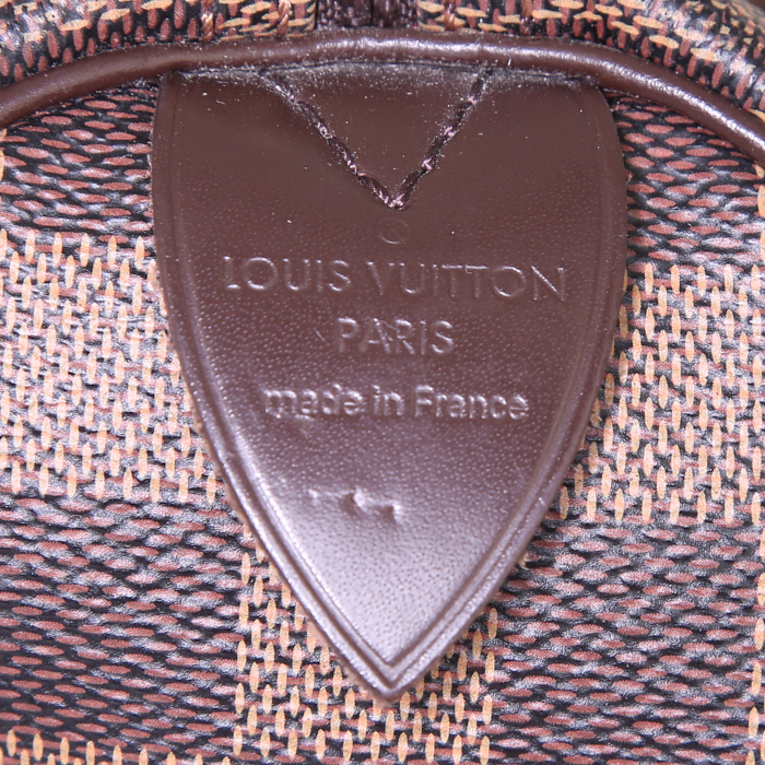 Sac à main Louis Vuitton Speedy 35 en toile damier ébène et cuir marron - Detail D3