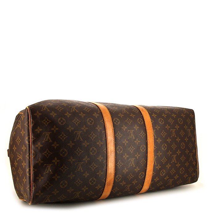 Bolsa de viaje Louis Vuitton Keepall 55 cm en lona Monogram marrón y cuero natural - Detail D4