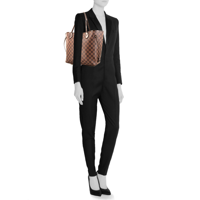 Louis Vuitton Neverfull medium model shopping bag in ebene damier canvas and brown leather - Detail D1