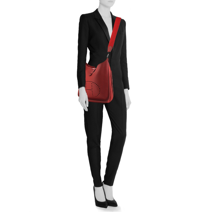 Hermes Evelyne large model shoulder bag in red leather taurillon clémence - Detail D1