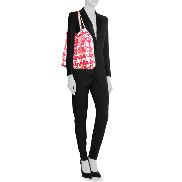 Hermes Silky Pop - Shop Bag shopping bag in pink, red and white printed canvas and red leather - Detail D1