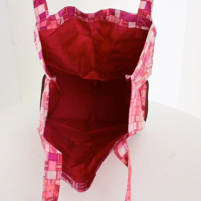 Hermes Silky Pop - Shop Bag shopping bag in pink, red and white printed canvas and red leather - Detail D2