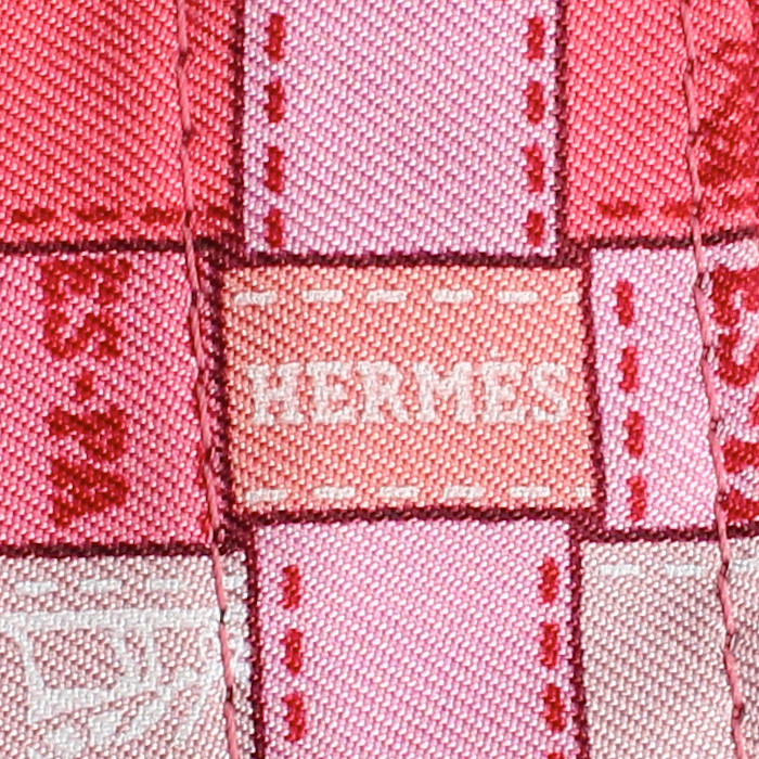 Hermes Silky Pop - Shop Bag shopping bag in pink, red and white printed canvas and red leather - Detail D3