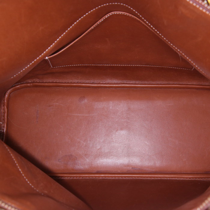 Hermes Bolide 37 cm handbag in beige canvas and brown Barenia leather - Detail D3