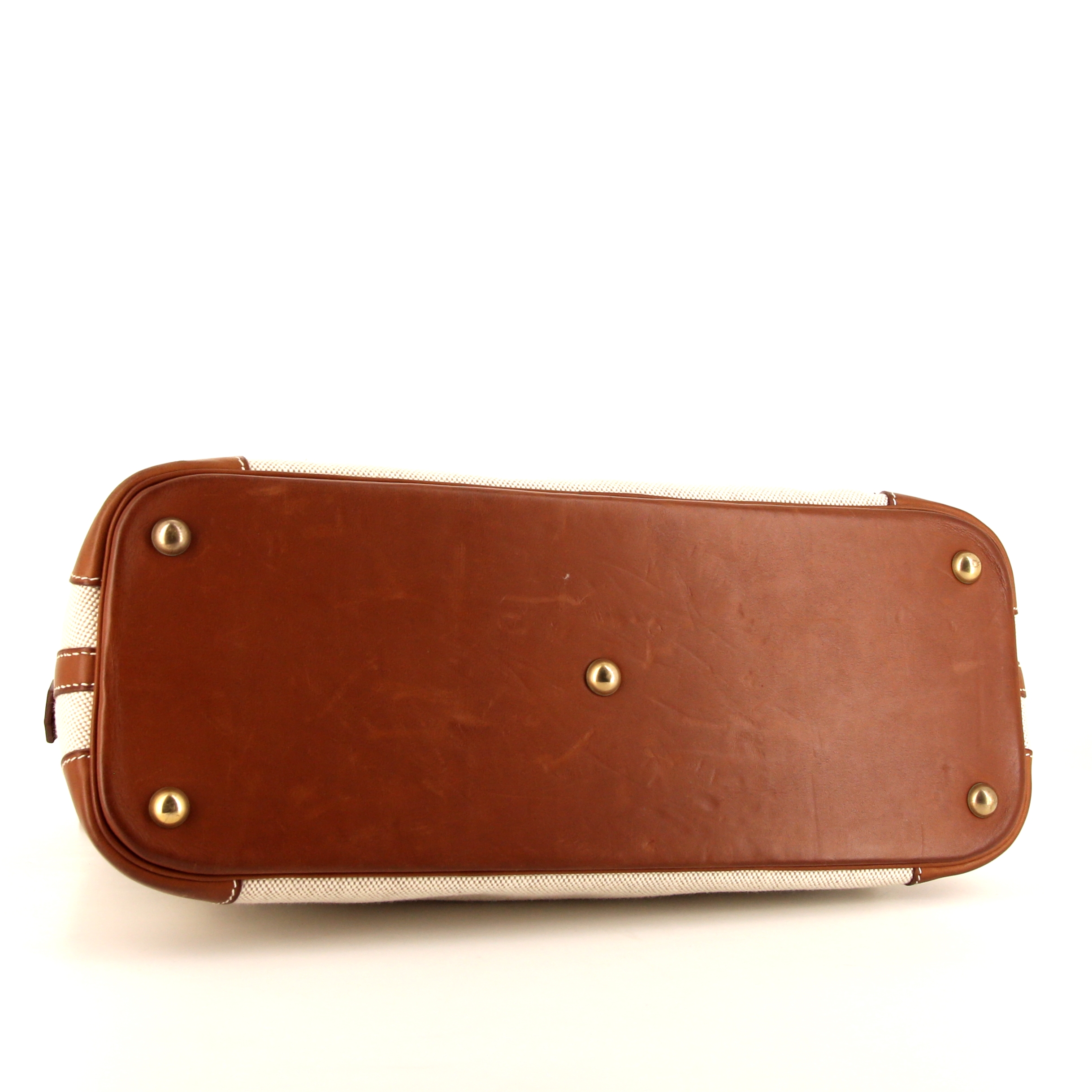 Hermes Bolide 35 cm handbag in beige canvas and brown Barenia leather - Detail D5