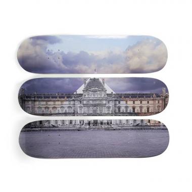 JR x The Skateroom, "La pyramide, 19 juin 2016", triptych of silkscreened skateboards, numbered and stamped, certificate of authenticity, of 2019