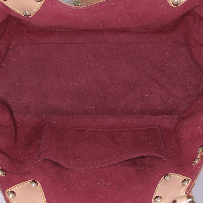 Bolso de mano Louis Vuitton Theda en lona Monogram revestida multicolor blanca y cuero natural - Detail D2