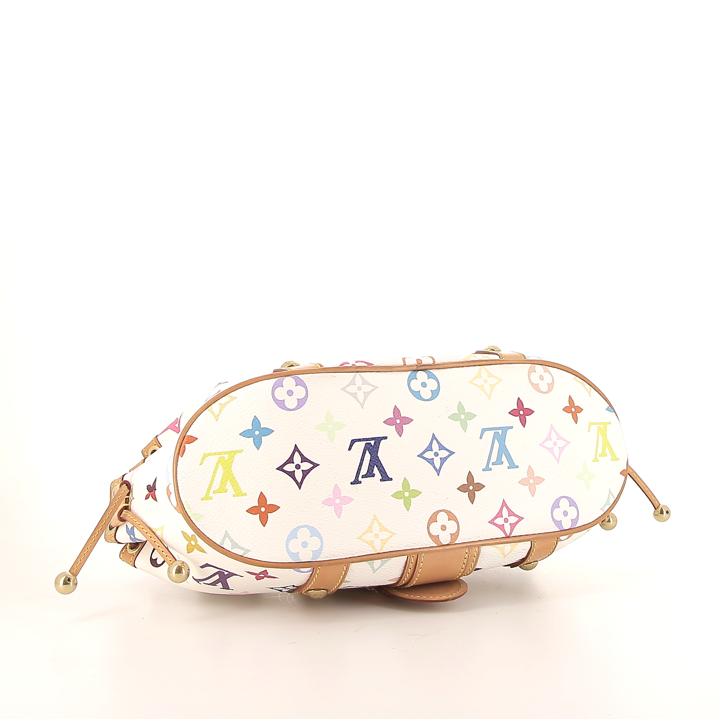 Bolso de mano Louis Vuitton Theda en lona Monogram revestida multicolor blanca y cuero natural - Detail D4