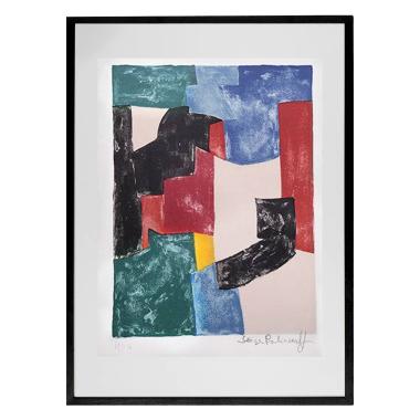 Serge Poliakoff, "Composition noire, bleue et rouge, lithographie 37", en couleurs sur papier, signée, numérotée et encadrée, de 1962