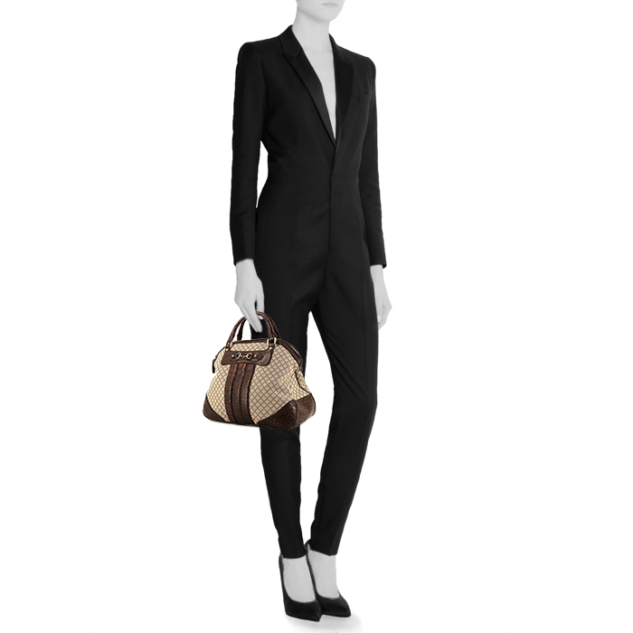 Gucci Catherine handbag in brown leather and beige canvas - Detail D1