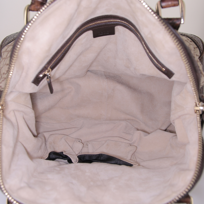 Gucci Catherine handbag in brown leather and beige canvas - Detail D2