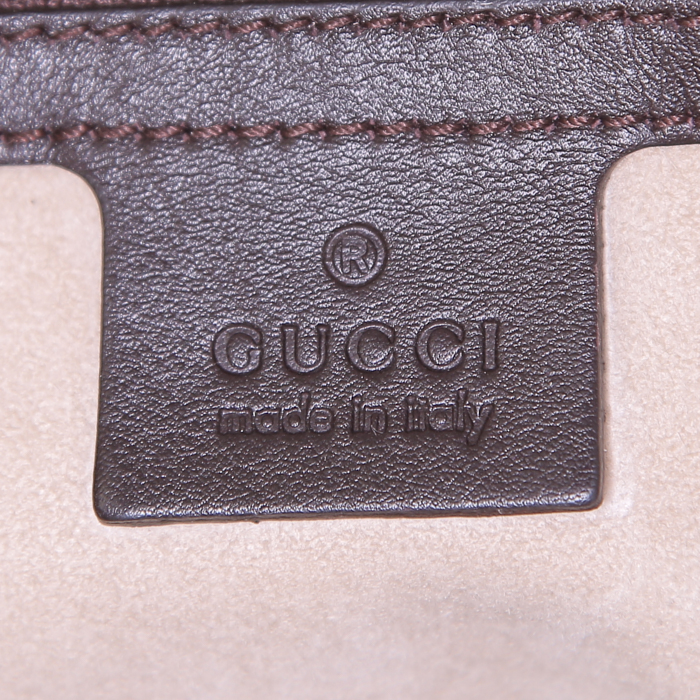 Gucci Catherine handbag in brown leather and beige canvas - Detail D3