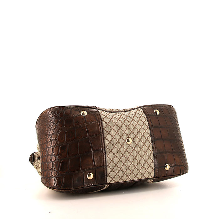 Gucci Catherine handbag in brown leather and beige canvas - Detail D4