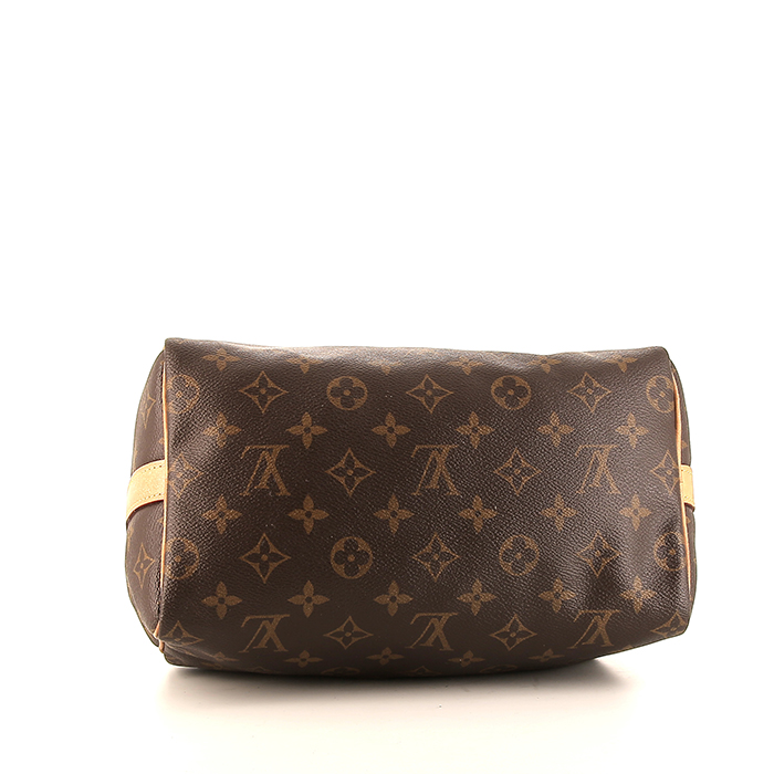 Bolso bandolera Louis Vuitton Speedy 25 cm en lona Monogram marrón y cuero natural - Detail D5