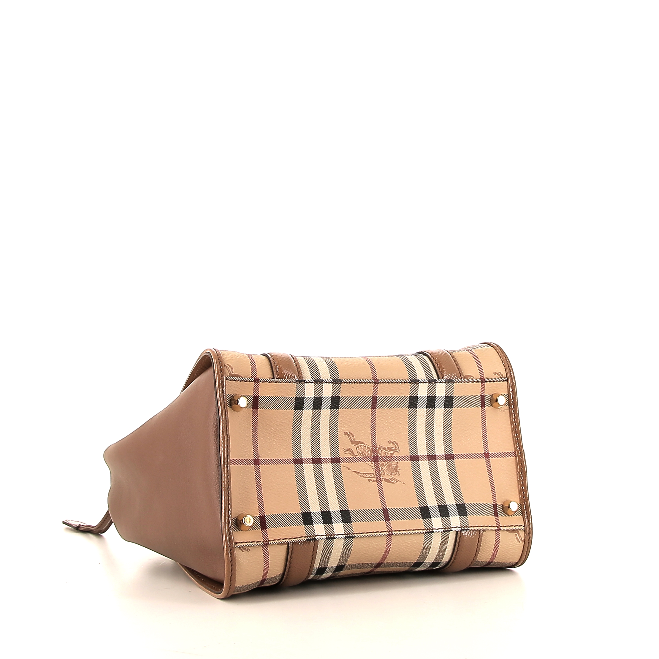Burberry Dinton handbag in beige Haymarket canvas and brown leather - Detail D5