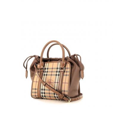 Bolso de mano Burberry Dinton en lona Haymarket beige y cuero marrón