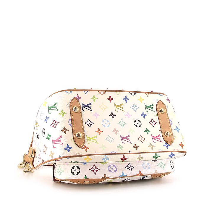 Sac à main Louis Vuitton Rita en toile monogram multicolore blanche et cuir naturel - Detail D5